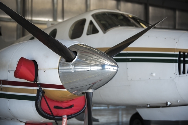 The propeller of Quick Jet Charter Founder/CEO George Moore III‘s King Air 90 twin engine turbo prop plane is seen at the North Las Vegas Airport on Monday, Feb. 15, 2016. Martin S. Fuentes/ ...