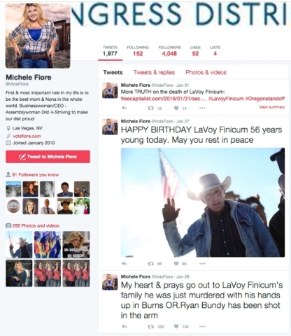 A Twitter page of Assemblywoman Michele Fiore (R-Las Vegas) on the attempted arrest and shooting death of LaVoy Finicum is shown Jan. 26, 2016.