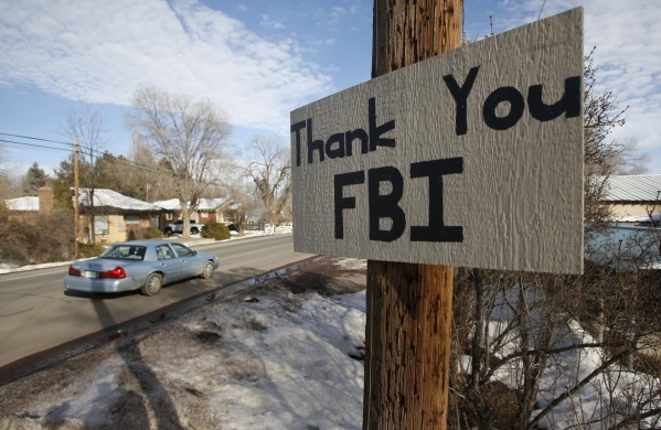A sign thanking the FBI hangs in Burns, Ore., on Thursday, Feb. 11, 2016. Jim Urquhart/Reuters