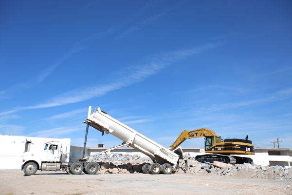 A truck delivers rubble being to the site of the Moulin Rouge in Las Vegas on Friday, Feb. 12, 2016. The rubble will be crushed into gravel for the site. Brett Le Blanc/Las Vegas Review-Journal Fo ...