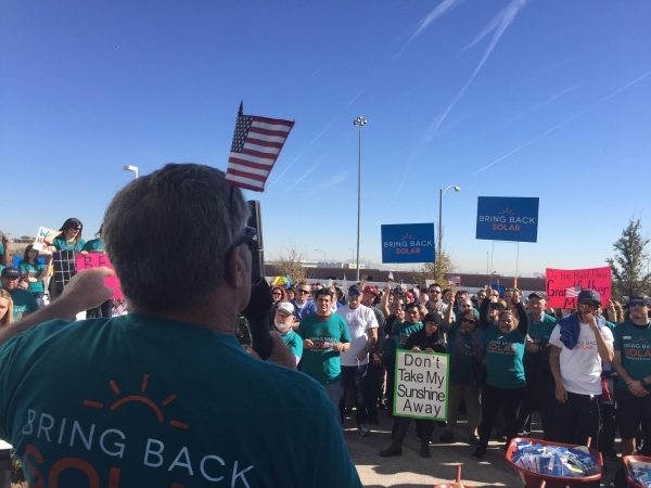 Valley homeowner James Katzen, who has 19 solar panels on his home, speaks out against rate changes in front of the Las Vegas Public Utilities Commission building on Feb. 12, 2016. Alexander S. Co ...