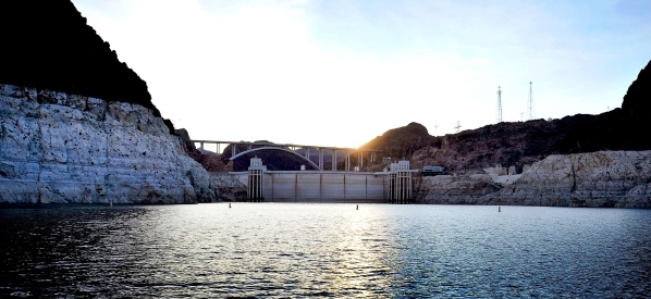 Hoover Dam and the Mike O‘Callaghan-Pat Tillman Memorial Bridge is seen at sunset during the annual eagle count at Lake Mead on Tuesday, Jan. 12, 2016. As a long-term drought continues, a wh ...