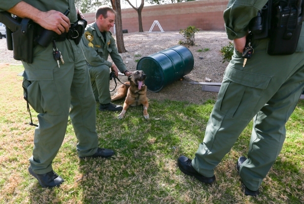 Las Vegas police Sgt. Eric Kerns, center, pets his partner, K9 officer Nicky, who was attacked by a suspect with a machete on Friday, at South Central Area Command in Las Vegas on Wednesday, Feb. ...
