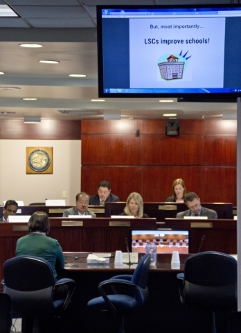A slide from a presentation is displayed during a meeting of the Technical Advisory Committee to Develop a Plan to Reorganize the Clark County School District inside the Grant Sawyer Building in D ...