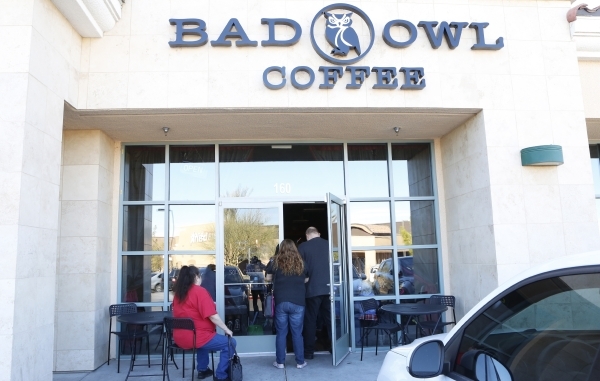 Customers lined up outside Bad Owl Coffee on 10575 S. Eastern Ave., in Henderson Friday, Feb. 19, 2016. Bad Owl Coffee had its grand opening Feb. 13 and offers a Harry Potter-themed atmosphere. Bi ...