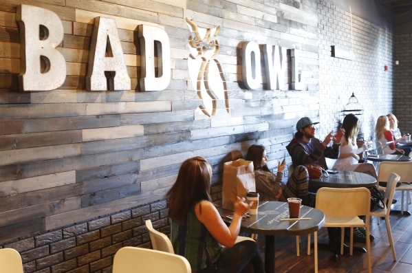 Customers enjoy their hot drinks inside Bad Owl Coffee on 10575 S. Eastern Ave., in Henderson Friday, Feb. 19, 2016. Bad Owl Coffee had its grand opening Feb. 13 and offers a Harry Potter-themed a ...