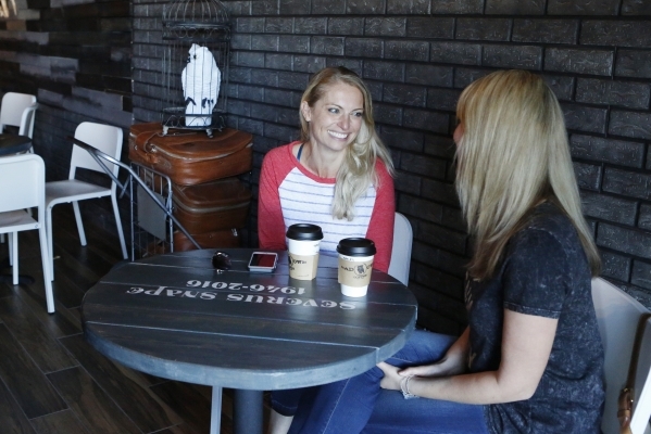 Perrine Laurent, left, and Wendy Bettig, both of Henderson, chat inside Bad Owl Coffee on 10575 S. Eastern Ave., in Henderson Friday, Feb. 19, 2016. Bad Owl Coffee had its grand opening Feb. 13 an ...
