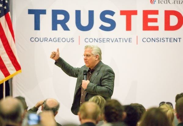 Glen Beck talks to the audience before Republican presidential candidate U.S. Sen. Ted Cruz, R-Texas, arrives at a rally  at Durango Hills Community Center, 3521 N. Durango Dr., in Las Vegas Monda ...