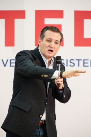 Republican presidential candidate U.S. Sen. Ted Cruz, R-Texas, addresses the crowd during a rally at Durango Hills Community Center, 3521 N. Durango Dr., in Las Vegas Monday, Feb. 22, 2016. Donavo ...