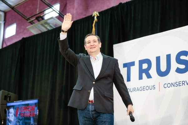 Republican presidential candidate U.S. Sen. Ted Cruz, R-Texas, waves to the the crowd as he takes the stage during a rally at Durango Hills Community Center, 3521 N. Durango Dr., in Las Vegas Mond ...