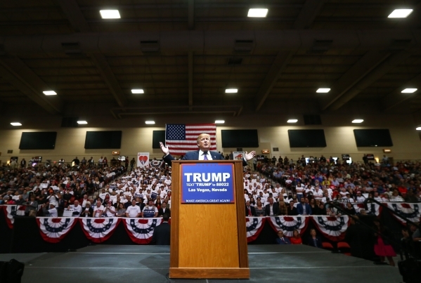Republican presidential candidate Donald Trump speaks during a campaign rally at the Southpoint hotel-casino in Henderson on Monday, Feb. 22, 2016. Chase Stevens/Las Vegas Review-Journal Follow @c ...