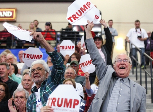 Supporters cheer as Republican presidential candidate Donald Trump speaks during a campaign rally at the Southpoint hotel-casino in Henderson on Monday, Feb. 22, 2016. Chase Stevens/Las Vegas Revi ...