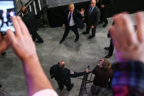 Republican presidential candidate Donald Trump greets supporters after speaking during a campaign rally at the Southpoint hotel-casino in Henderson on Monday, Feb. 22, 2016. Chase Stevens/Las Vega ...