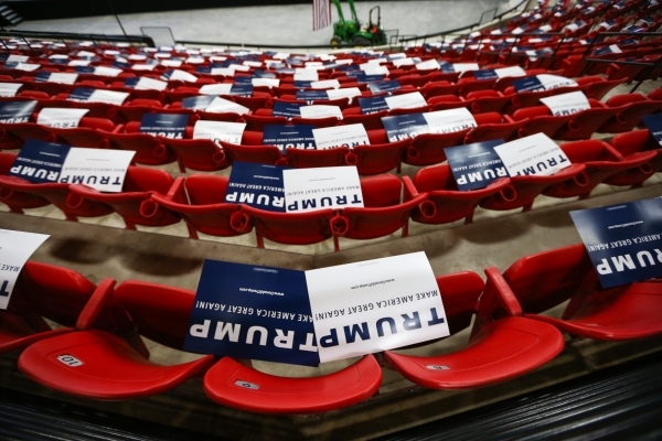 Signs are laid out for supporters before a campaign rally for Republican presidential candidate Donald Trump at the Southpoint hotel-casino in Henderson on Monday, Feb. 22, 2016. Chase Stevens/Las ...