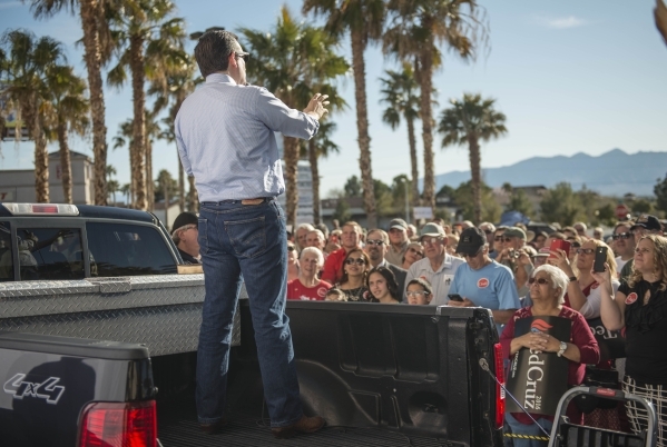Republican presidential candidate Sen. Ted Cruz of Texas addresses supporters during a rally at Draft Picks Sports Bar in Pahrump on Sunday, Feb.  21, 2016. Nevada holds its Republican caucus on F ...