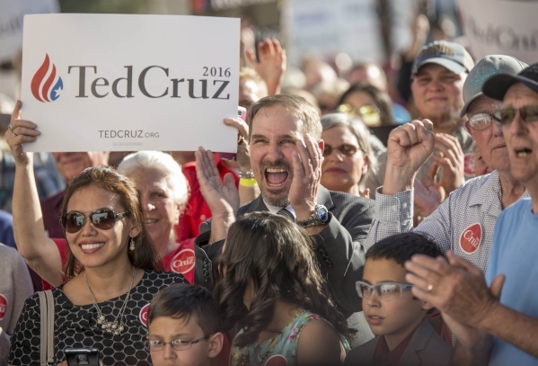 Crowds show support for Republican presidential candidate Sen. Ted Cruz of Texas during a rally at Draft Picks Sports Bar in Pahrump on Sunday, Feb.  21, 2016. Nevada holds its Republican caucus o ...