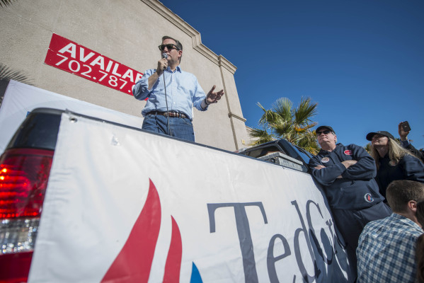 Republican presidential candidate Sen. Ted Cruz of Texas addresses supporters during a rally at Draft Picks Sports Bar in Pahrump on Sunday, Feb. 21, 2016. Nevada holds its Republican caucus on F ...