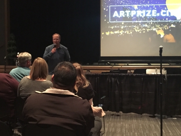 Clark County Public Art Cultural Specialist Michael Ogilvie talks to a crowd at a public meeting Feb. 11 at the Winchester Cultural Center, 3130 McLeod Drive. The meeting was to discuss the possib ...