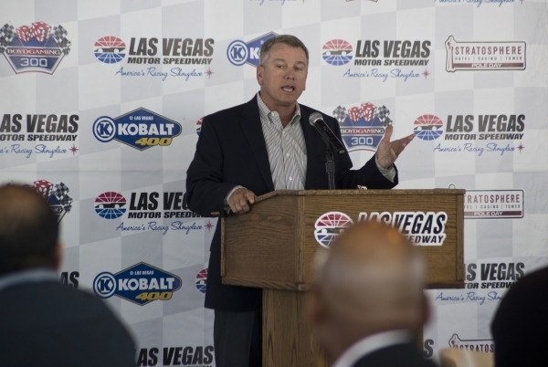 Las Vegas Motor Speedway President Chris Powell speaks about traffic planning for the NASCAR Kobalt Tools 400 during a press conference at the speedway on Wednesday, Feb. 24, 2016. Daniel Clark/La ...