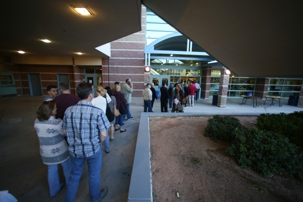 A line forms to enter the registration area of the 2016 Republican caucus at Centennial High School in Las Vegas on Tuesday, Feb. 23, 2016. Brett Le Blanc/Las Vegas Review-Journal Follow @bleblanc ...