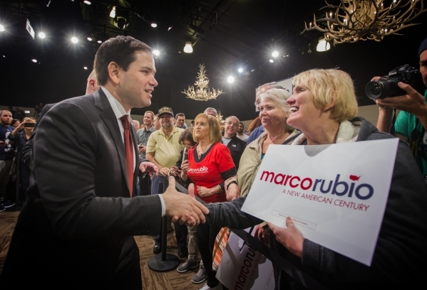 Republican presidential candidate Sen. Marco Rubio shakes hands with a supporter during a rally at the Silverton Casino, 3333 Blue Diamond Road on Tuesday, Feb.23, 2016. Jeff Scheid/Las Vegas Revi ...