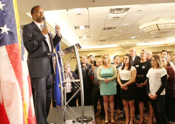 Republican presidential candidate Dr. Ben Carson speaks during the watch party at Embassy Suites Convention Center on Tuesday, Feb. 23, 2016, in Las Vegas. Bizuayehu Tesfaye/Las Vegas Review-Journ ...