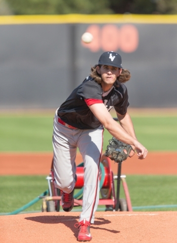 UNLV pitcher Dean Kremer pitches from the mound during practice at Earl E. Wilson Stadium at UNLV in Las Vegas Wednesday, Feb. 24, 2016. Dean is the first Israeli citizen to be drafted by Major Le ...