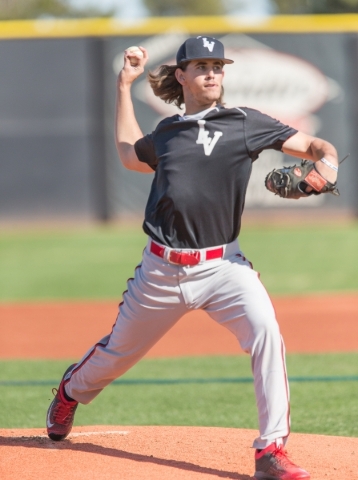 UNLV pitcher Dean Kremer pitches from the mound during practice at Earl E. Wilson Stadium at UNLV in Las Vegas Wednesday, Feb. 24, 2016. Dean is the first Israeli citizen to be drafted by Major Le ...