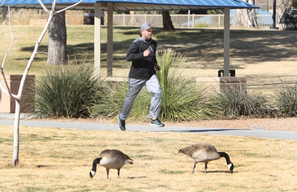 Alex Semenik of Las Vegas joggs during a warm morning in Lorenzi Park Wednesday, Feb. 24, 2016, in North Las Vegas. After a drop in temperature and an increase in wind, Las Vegas can expect temper ...