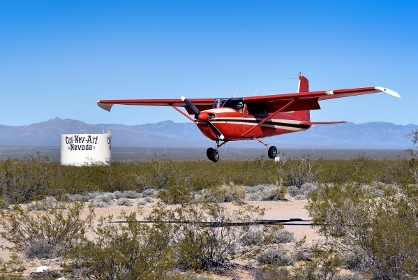 Dennis Layman pilots his single-engine Cessna plane as he prepares to land at Kidwell Airport in Cal-Nev-Ari on Thursday, Feb. 25, 2016. Layman flew from his home in Seligman, Ariz. to have breakf ...