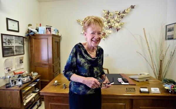 Town founder Nancy Kidwell stands in her office at the Cal-Nev-Ari Casino on Thursday, Feb. 25, 2016, in Cal-Nev-Ari. Kidwell, together with her late husband Slim Kidwell, acquired 640 acres of la ...