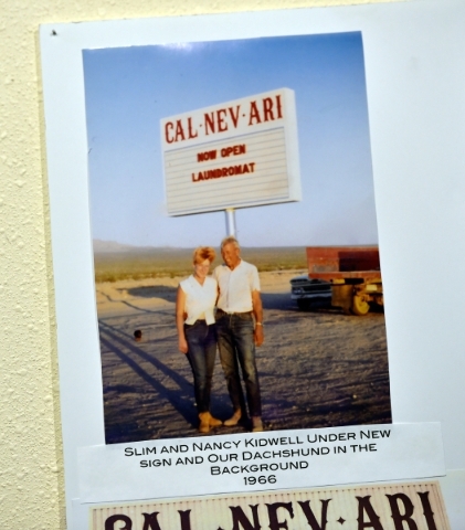 Town founders Nancy and Slim Kidwell are seen in a 1966 photo as it is displayed in the Cal-Nev-Ari Casino on Thursday, Feb. 25, 2016, in Cal-Nev-Ari. The Kidwells acquired 640 acres of land, 70 m ...