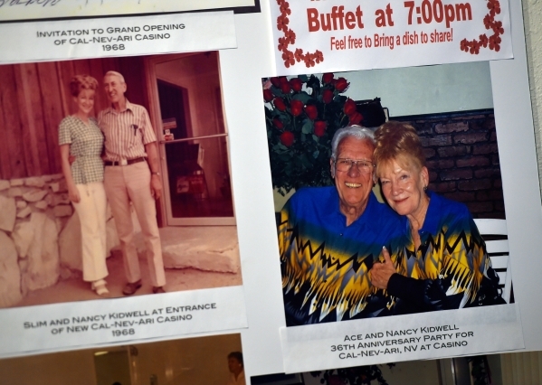Photographs of Nancy Kidwell with Slim Kidwell, left, and Ace and Nancy Kidwell on the right are displayed inside the Cal-Nev-Ari Casino on Thursday, Feb. 25, 2016, in Cal-Nev-Ari. Kidwell, and he ...