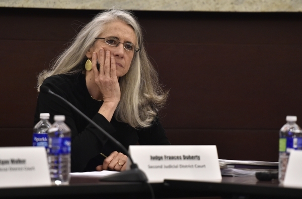 Judge Frances Doherty of the Second Judicial District listens to a speaker during the Nevada Supreme Court guardianship committee meeting at the Regional Justice Center Friday, Feb. 26, 2016. Davi ...