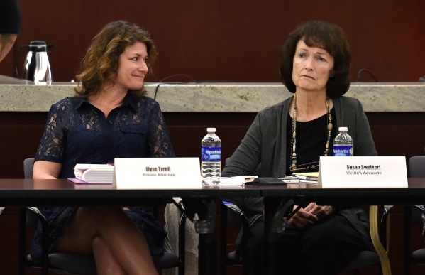 Committee members, attorney Elyse Tyrell, left and victim‘s advocate Susan Sweikert attend the Nevada Supreme Court guardianship committee meeting at the Regional Justice Center Friday, Feb. ...