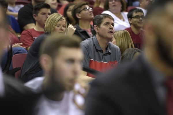 Former UNLV head coach Dave Rice watches as the Runnin‘ Rebels take on Wyoming during their Mountain West Conference game Saturday, Feb. 27, 2016, at the Thomas & Mack Center. UNLV won t ...