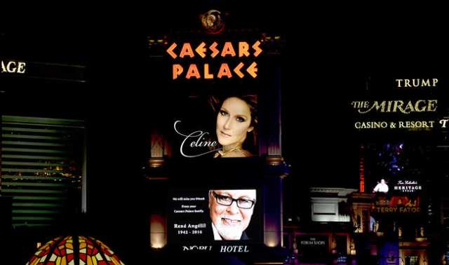 Caesars Palace honors the memory René Angélil, Céline Dion’s husband, on their marquee with Céline in Las Vegas. Thursday, Jan. 14, 2016. (Glenn Pinkerton/Las Vegas News Bureau)