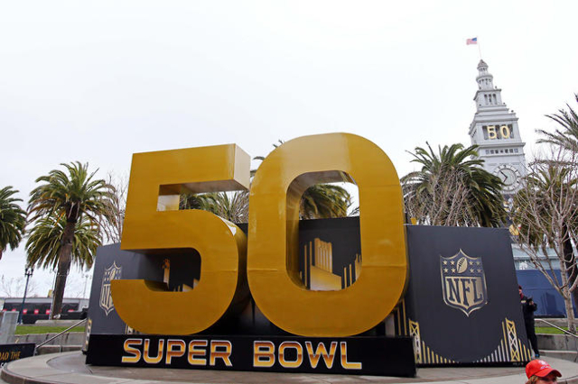Feb 2, 2016; San Francisco, CA, USA; General view of the Super Bowl 50 numerals sculpture and Ferry Terminal at Super Bowl City in downtown San Francisco prior to Super Bowl 50 between the Carolin ...