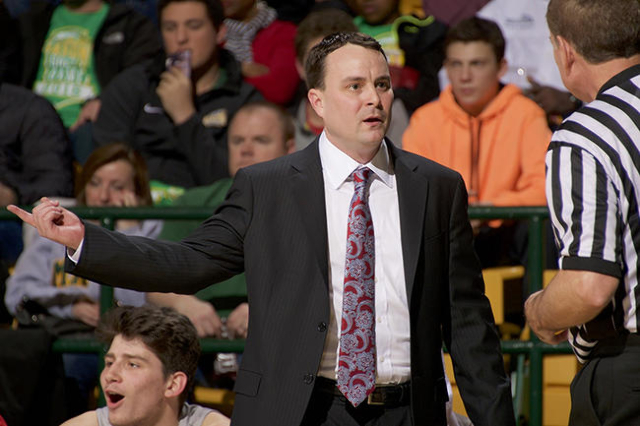 Feb 6, 2016; Fairfax, VA, USA; Dayton Flyers head coach Archie Miller questions a call against the George Mason Patriots during the first half at EagleBank Arena. Mandatory Credit: Rafael Suanes-U ...