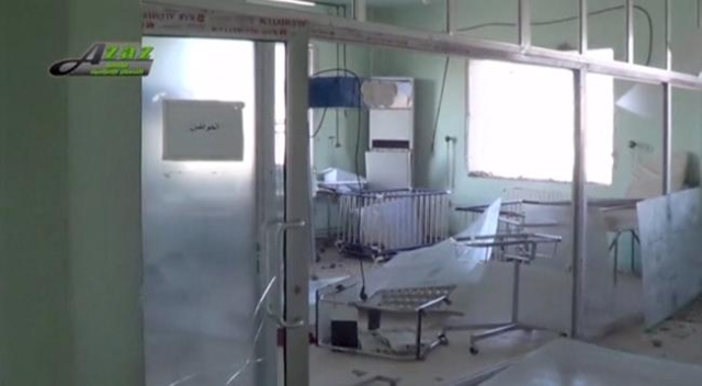 A view of the damaged interior of what is said to be a hospital after a missile attack in Azaz, Aleppo, Syria, February 15, 2016 in this still image taken from a video on a social media website. ( ...