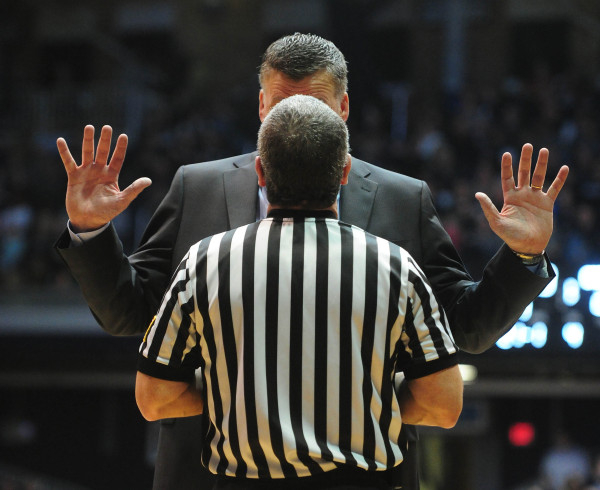 Feb 16, 2016; Indianapolis, IN, USA; Creighton Bluejays head coach Greg McDermott argues with a referee during their game against Butler Bulldogs   at Hinkle Fieldhouse. Mandatory Credit: Thomas J ...