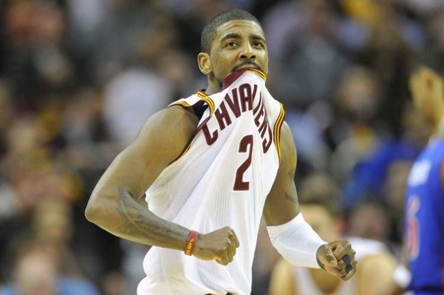 Feb 22, 2016; Cleveland, OH, USA; Cleveland Cavaliers guard Kyrie Irving (2) reacts in the third quarter against the Detroit Pistons at Quicken Loans Arena. (David Richard/USA Today Sports)
