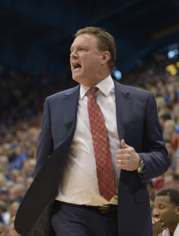 Feb 27, 2016; Lawrence, KS, USA; Kansas Jayhawks head coach Bill Self reacts from the sidelines during the second half against the Texas Tech Red Raiders at Allen Fieldhouse. The Jayhawks won 67-5 ...
