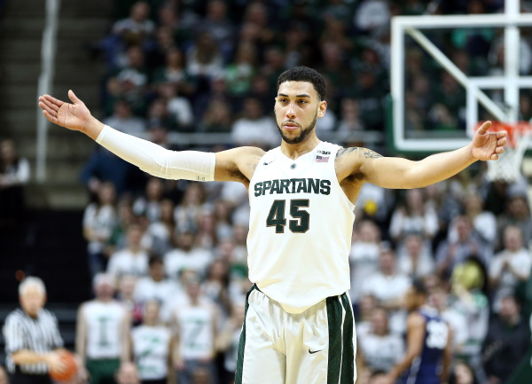 Michigan State Spartans guard Denzel Valentine (45) gestures to the crowd during the first half of a game against the Penn State Nittany Lions at Jack Breslin Student Events Center. Mandatory Cred ...