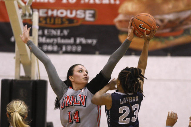 UNLV center Aley Rohde blocks a shot by UNR guard Iman Lathan Wednesday, Jan. 28, 2015 at Cox Pavilion. UNLV won the game 75-52. (Sam Morris/Las Vegas Review-Journal)