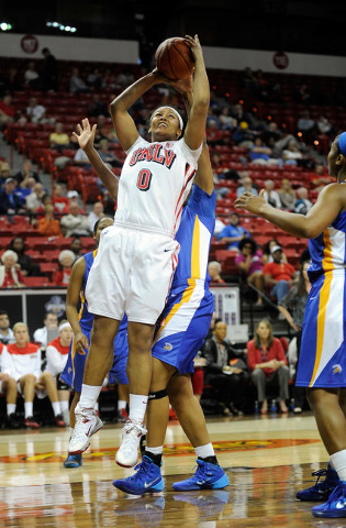 UNLV‘s Amie Callaway (0) shoots against San Jose State during the second half of an NCAA college basketball game in the Mountain West Conference women‘s tournament Monday, March 10, 20 ...