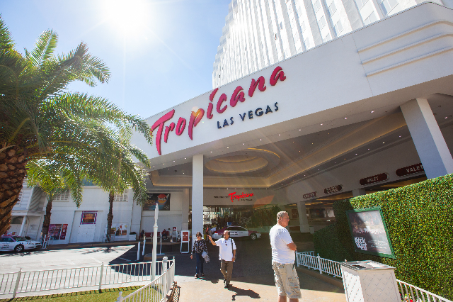People walk outside of the Tropicana hotel-casino in Las Vegas on Wednesday, April 29, 2015. (Chase Stevens/Las Vegas Review-Journal)