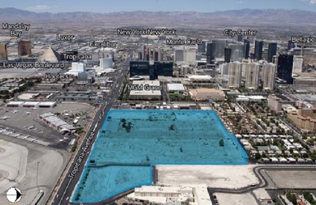 This image looking west along Tropicana Avenue shows the 42 acre site -- highlighted in blue -- that the UNLV Foundation has in mind for a football stadium, or possibly other uses. (Courtesy, Coll ...
