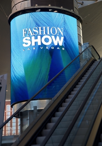 One of the massive screens recently added to the pillars underneath the "Cloud," a steel canopy at the Fashion Show Mall on the Las Vegas Strip on Thursday, Feb. 25, 2016. The si ...