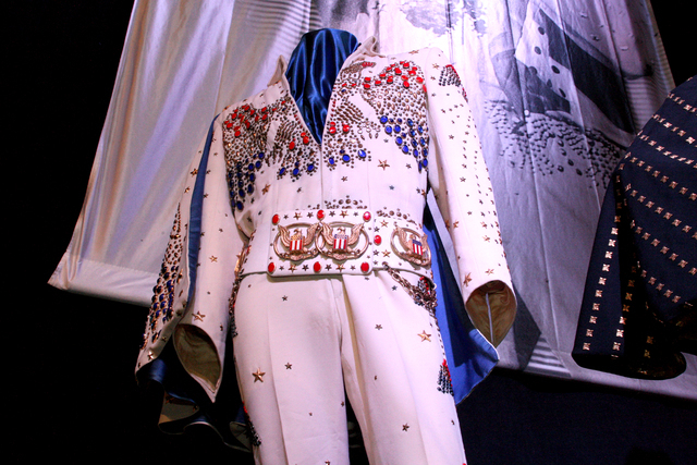 The White Vine Jumpsuit, also known as the White Spanish Flower Jumpsuit, worn by Elvis in 1973 was one of many on display to promote a permanent exhibition at the Westgate hotel-casino featuring  ...